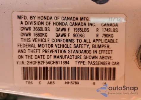 2012 Honda Civic Lx from USA, damaged, VIN 2HGFB2F54CH611394